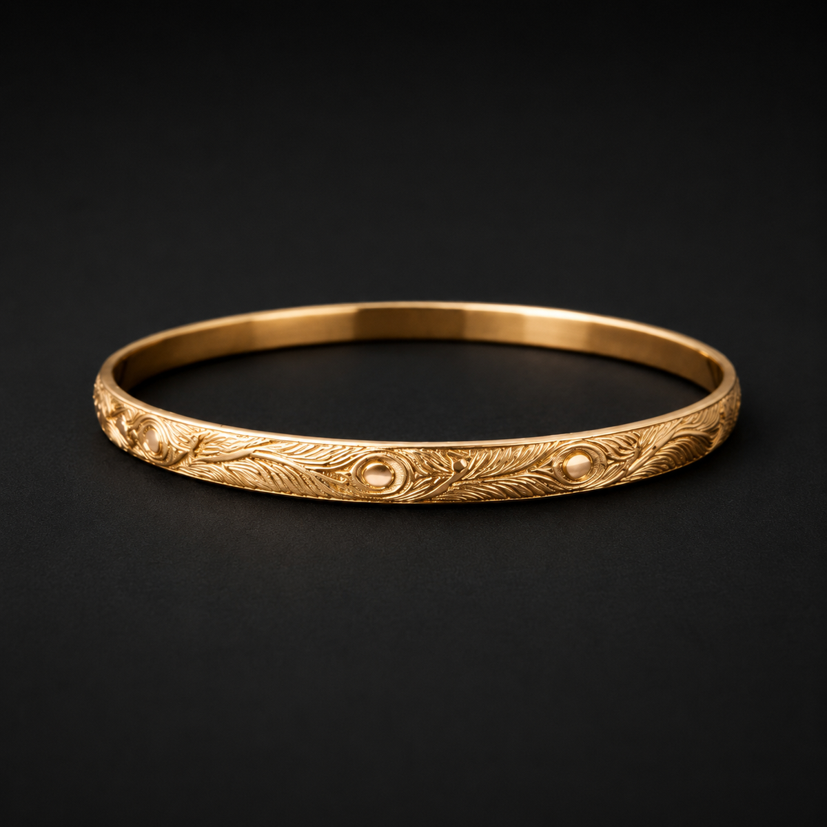 Engraved Peacock Feather Gold Bangle